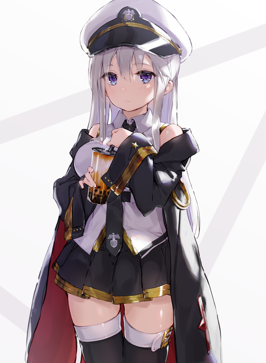 1girl azur_lane bangs black_coat black_legwear black_skirt blush breasts bubble_tea coat enterprise_(azur_lane) eyebrows_visible_through_hair gold_trim hat highres long_hair looking_at_viewer miniskirt necktie peaked_cap pleated_skirt shirt silver_hair skirt sleeveless sleeveless_shirt solo t-bth thigh-highs violet_eyes white_shirt