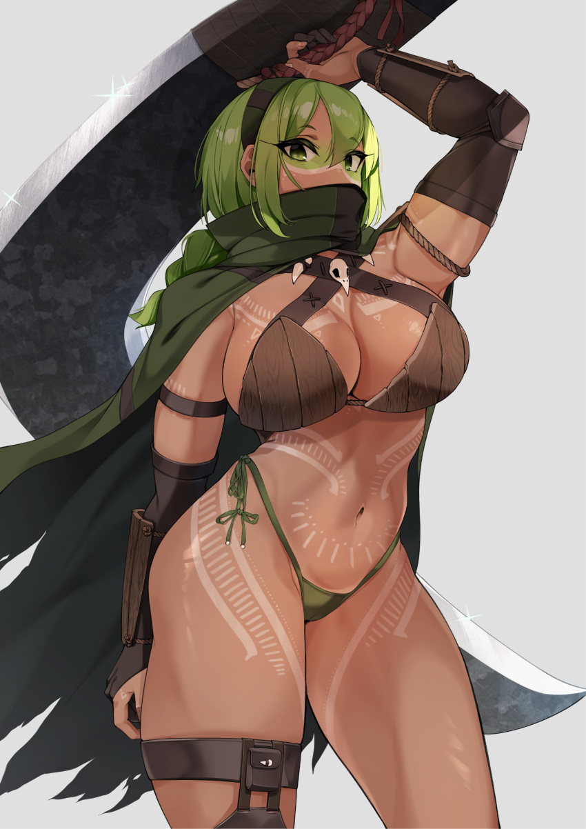 1girl absurdres braid breast_tattoo breasts cape commentary_request dark-skinned_female dark_skin green_cape green_eyes green_hair green_hairband grey_background hairband highres holding holding_sword holding_weapon jovejun large_breasts long_hair looking_at_viewer navel original scarf scarf_over_mouth sidelocks simple_background single_braid solo stomach_tattoo sword tattoo thick_thighs thighs torn_cape torn_clothes warrior weapon