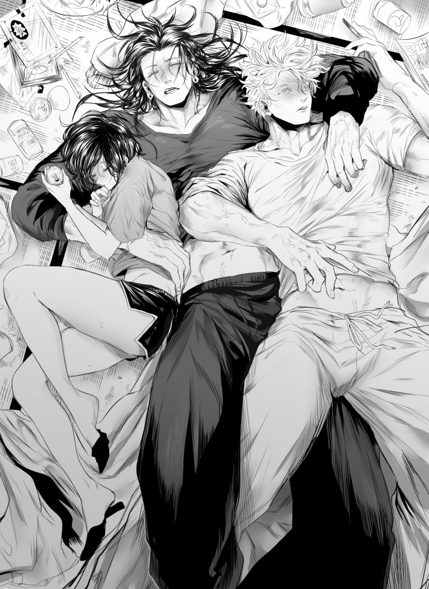 1girl 2boys abs bangs beer_can can cellphone closed_eyes closed_mouth clothes_lift collarbone dolphin_shorts ear_piercing feet_out_of_frame food full_body gab_nigntjj449 getou_suguru gojou_satoru greyscale highres holding holding_can holding_phone ieiri_shoko jujutsu_kaisen long_hair long_sleeves messy_hair messy_room monochrome multiple_boys open_mouth pants phone piercing shirt shirt_lift short_hair short_shorts short_sleeves shorts sleeping
