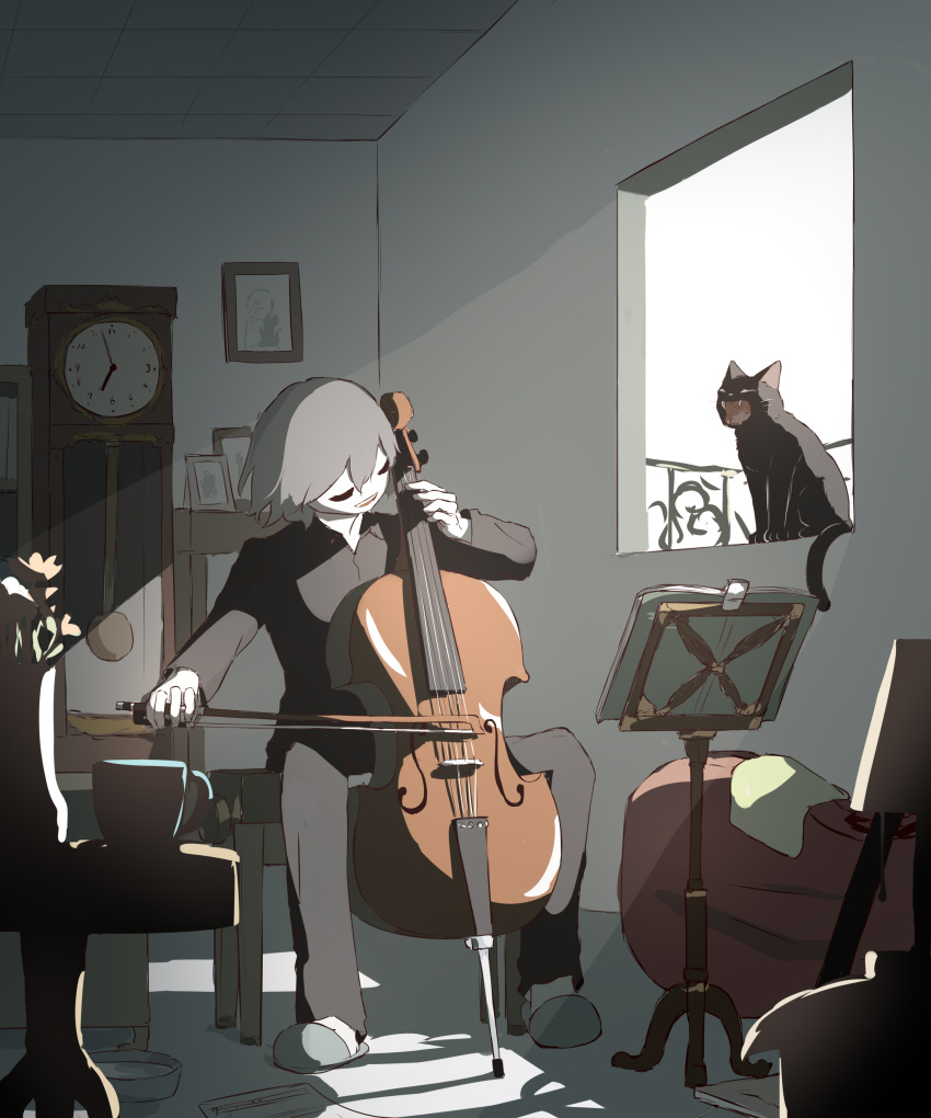 1boy :d absurdres avogado6 black_cat black_pants black_shirt cat clock closed_eyes commentary_request grandfather_clock grey_hair highres indoors instrument instrument_request long_sleeves music open_mouth original pants parted_lips playing_instrument shirt sitting smile solo