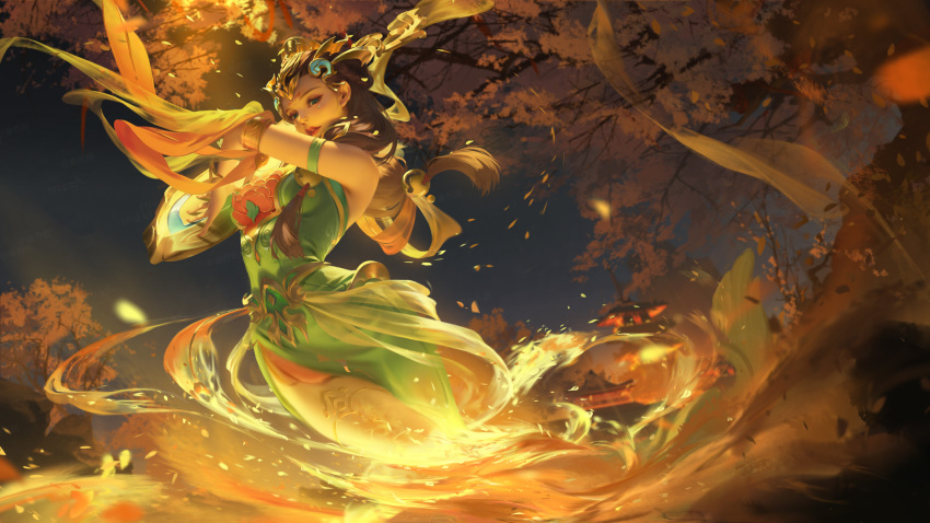1girl breasts character_request chinese_clothes chinese_commentary copyright_request dancer dancing dress fire green_dress highres li_miao long_hair looking_at_viewer mature_female red_lips solo tagme tree