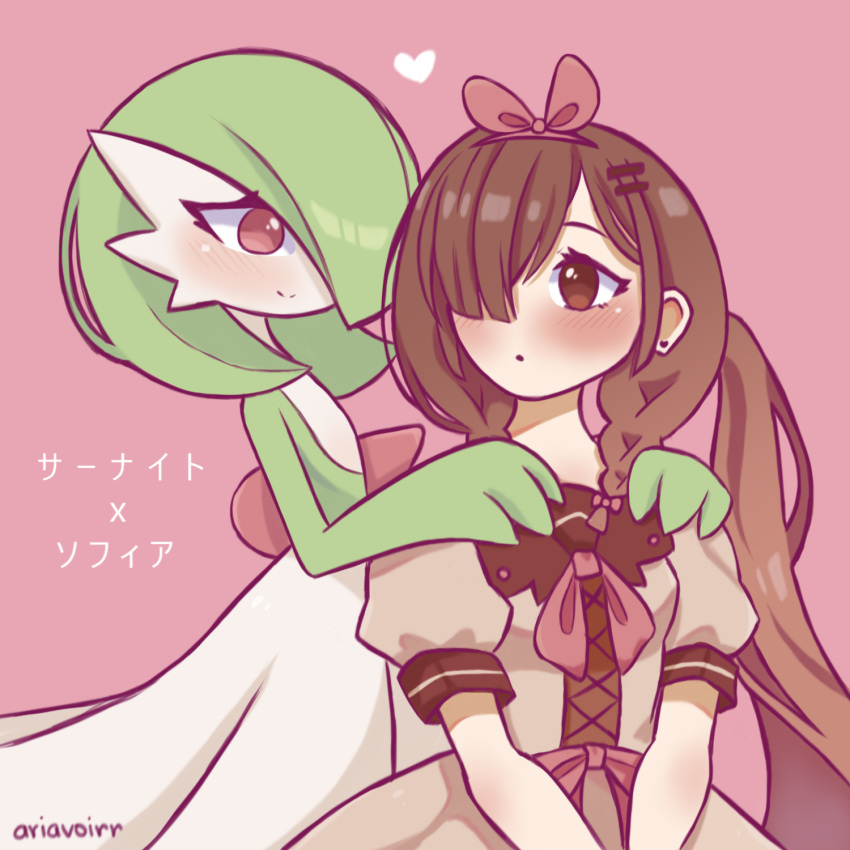 2girls artist_name bangs bellavoirr blush bob_cut braid breasts brown_dress brown_eyes brown_hair closed_mouth colored_skin commentary dress earrings english_commentary eye_contact flat_chest gardevoir gen_3_pokemon green_hair green_skin hair_ornament hair_over_one_eye hairband hairclip hands_on_another's_shoulders hands_up happy highres jewelry long_hair looking_at_another multicolored multicolored_skin multiple_girls open_mouth original pink_background pink_hairband pokemon pokemon_(creature) ponytail puffy_short_sleeves puffy_sleeves red_eyes shiny shiny_hair short_hair short_sleeves sidelocks signature simple_background small_breasts smile sofia_(bellavoirr) standing stud_earrings tied_hair twin_braids two-tone_skin upper_body v_arms very_long_hair white_skin yuri