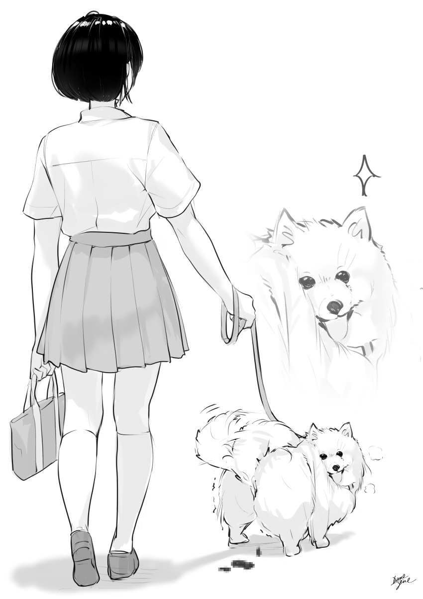 1girl absurdres dog from_behind greyscale highres leash monochrome original poop school_uniform solo takenoko_no_you