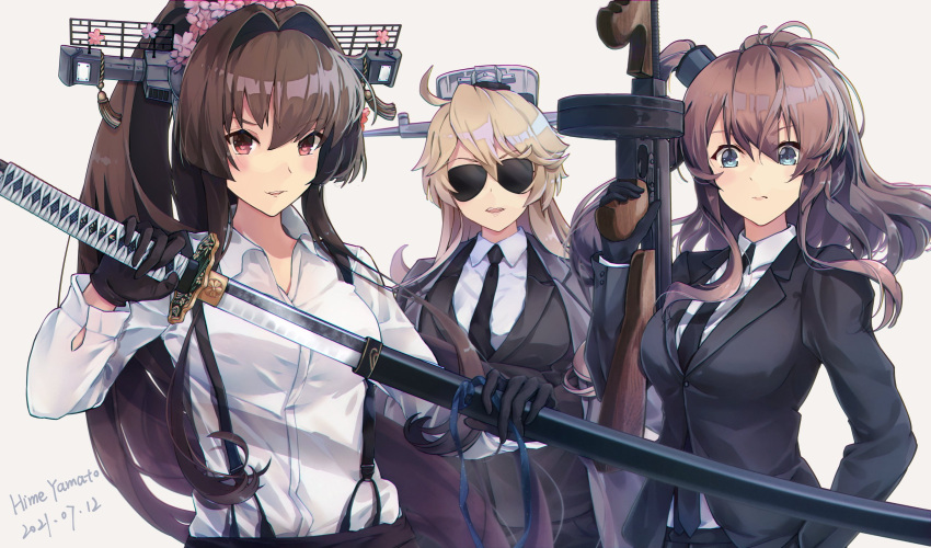 blonde_hair blue_eyes breasts brown_eyes brown_hair cherry_blossoms flower gloves gun hair_between_eyes hair_flower hair_ornament highres himeyamato iowa_(kancolle) kantai_collection long_hair open_mouth ponytail saratoga_(kancolle) side_ponytail smile sword very_long_hair weapon yamato_(kancolle)