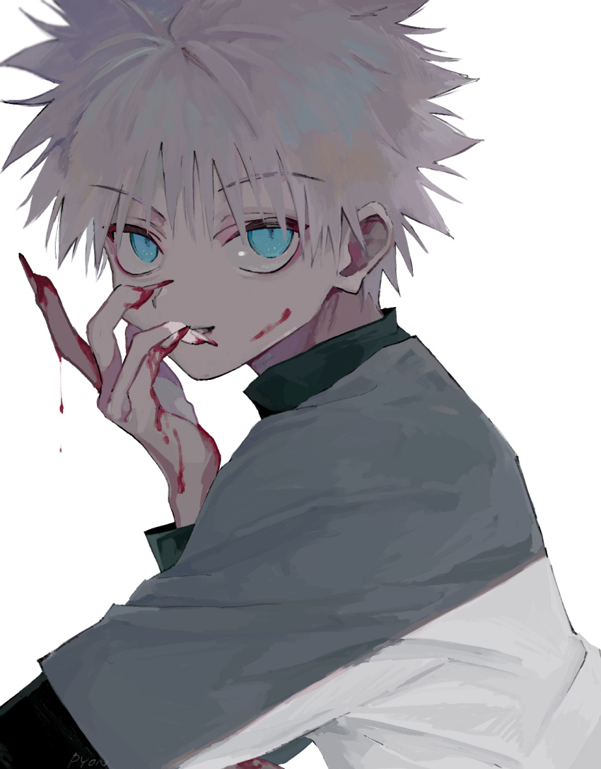 1boy blood blood_on_face bloody_hands blue_eyes commentary_request dripping eyebrows_visible_through_hair fingernails from_side grey_shirt hand_up highres hunter_x_hunter killua_zoldyck llilililiilii long_fingernails looking_at_viewer looking_to_the_side male_focus parted_lips sharp_fingernails shirt short_hair short_sleeves simple_background slit_pupils solo spiky_hair undershirt upper_body white_background white_hair