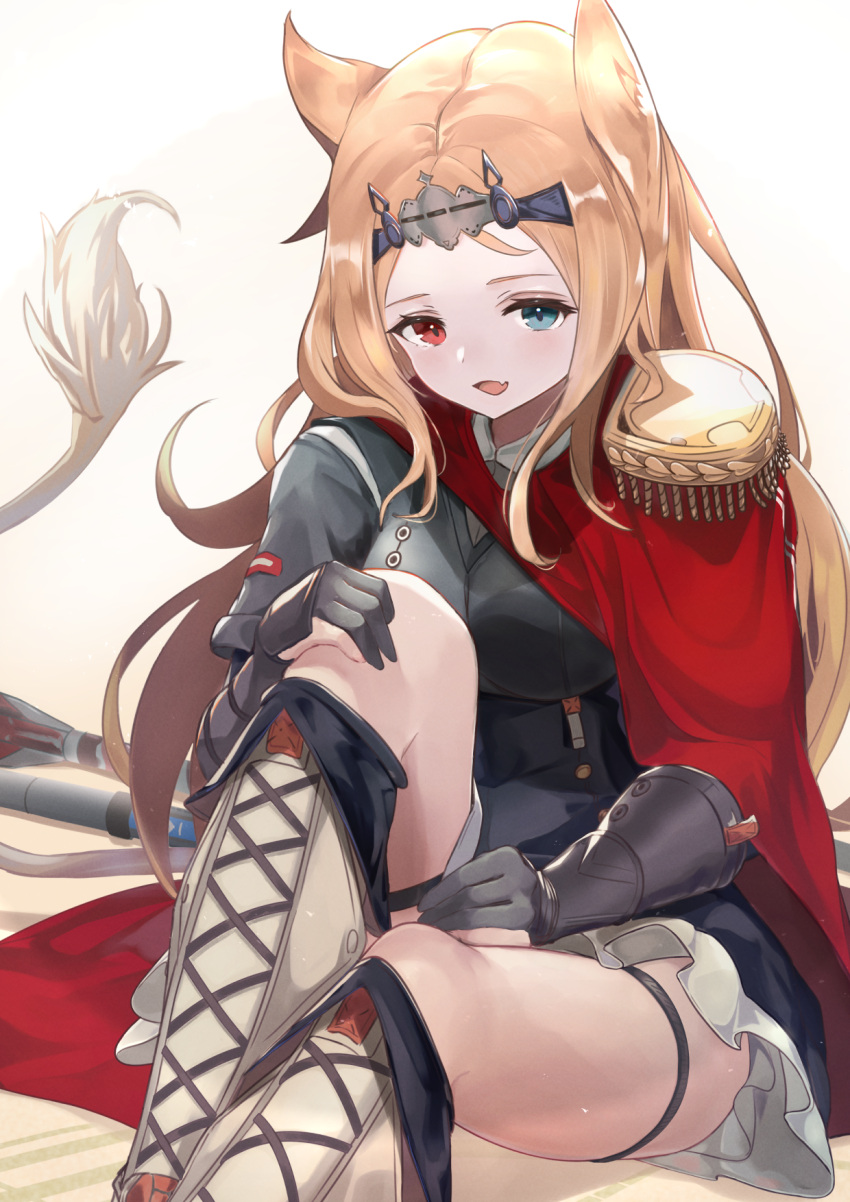 1girl :d animal_ears archetto_(arknights) arknights artist_name black_corset black_dress blonde_hair blue_eyes boots breasts cape commentary corset cross-laced_footwear dress fang gloves hand_on_own_knee hand_on_own_thigh heterochromia highres knee_up lace-up_boots long_hair looking_at_viewer medium_breasts nokke_o open_mouth red_cape red_eyes sitting skin_fang smile thigh_strap white_background white_footwear wrist_guards