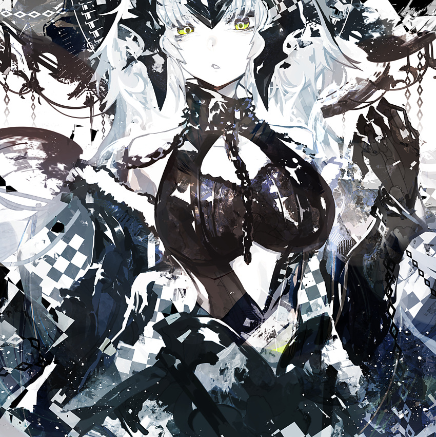 1girl absurdres armor armored_dress bangs black_dress black_gloves breasts chain dress fate/grand_order fate_(series) gloves headpiece highres jeanne_d'arc_(alter)_(fate) jeanne_d'arc_(fate)_(all) kusakanmuri long_hair looking_at_viewer open_mouth silver_hair solo upper_body yellow_eyes