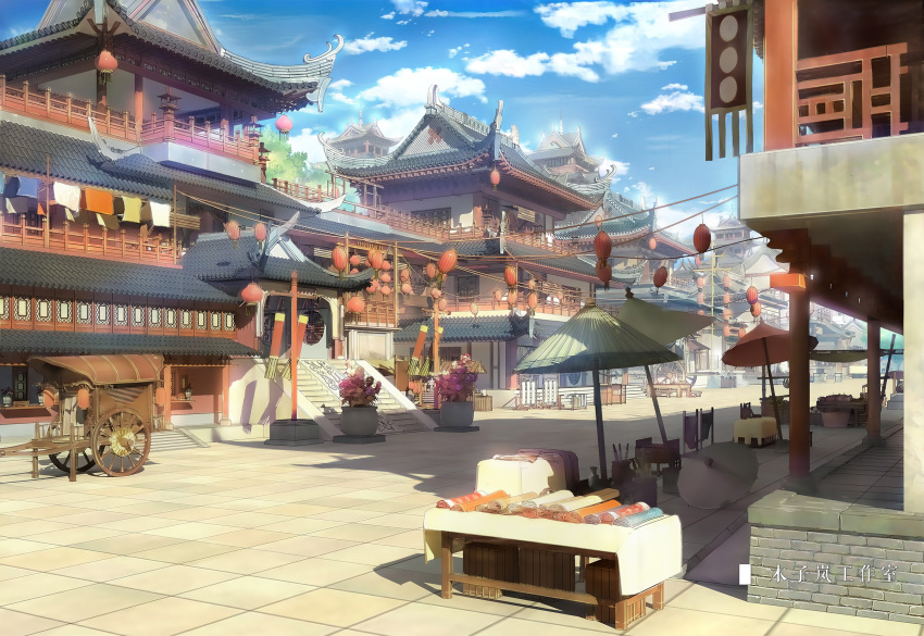architecture banner blue_sky building chinese_commentary cityscape clouds day east_asian_architecture highres lantern moonslanstudio no_humans oil-paper_umbrella original outdoors road scenery sky stairs table tree umbrella wagon