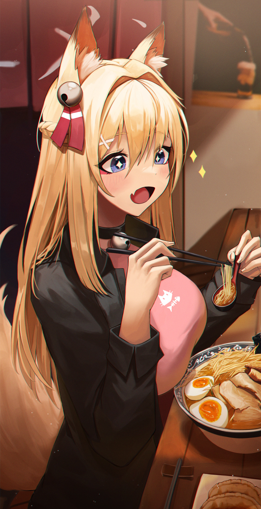 +_+ 1girl :d absurdres animal_ear_fluff animal_ears bangs bell bexercube black_choker black_jacket blonde_hair blush bowl braid choker chopsticks commentary_request egg fang food fox_ears fox_girl fox_tail hair_between_eyes hair_intakes hair_ornament hairclip highres holding holding_chopsticks holding_spoon indoors jacket jingle_bell long_hair long_sleeves meat neck_bell noodles open_clothes open_jacket open_mouth original pink_shirt print_shirt ramen restaurant revision shirt sitting skin_fang smile solo sparkling_eyes spoon tail very_long_hair wooden_table x_hair_ornament