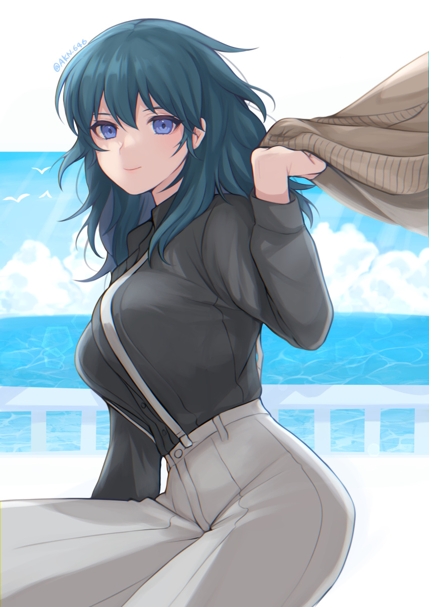 1girl absurdres alternate_costume bangs banned_artist black_shirt blue_eyes blue_hair breasts byleth_(fire_emblem) byleth_eisner_(female) commentary_request contemporary fire_emblem fire_emblem:_three_houses grey_pants highres large_breasts long_hair long_sleeves looking_at_viewer pants shimizu_akina shirt smile solo suspenders