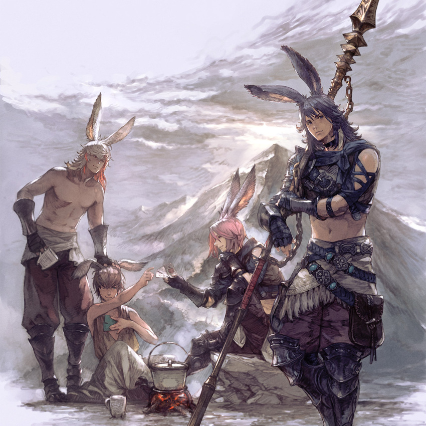 4boys animal_ears armor black_hair campfire card copyright crop_top final_fantasy final_fantasy_xiv fingerless_gloves full_body gloves highres looking_at_viewer medium_hair midriff mogi_yuusuke multicolored_hair multiple_boys navel official_art pink_hair polearm pot rabbit_ears shirtless sitting smile spear square_enix standing stomach two-tone_hair viera weapon
