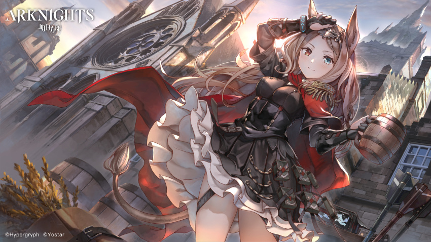 1girl absurdres animal_ears archetto_(arknights) arknights arm_up barrel beer_mug black_dress black_gloves blue_eyes breasts brown_hair cape cathedral copyright_name cowboy_shot cup dress dutch_angle epaulettes gloves highres holding holding_cup infection_monitor_(arknights) large_breasts long_hair mug official_art outdoors petticoat red_cape red_eyes sho_(shoichi-kokubun) short_dress solo standing tail thighs