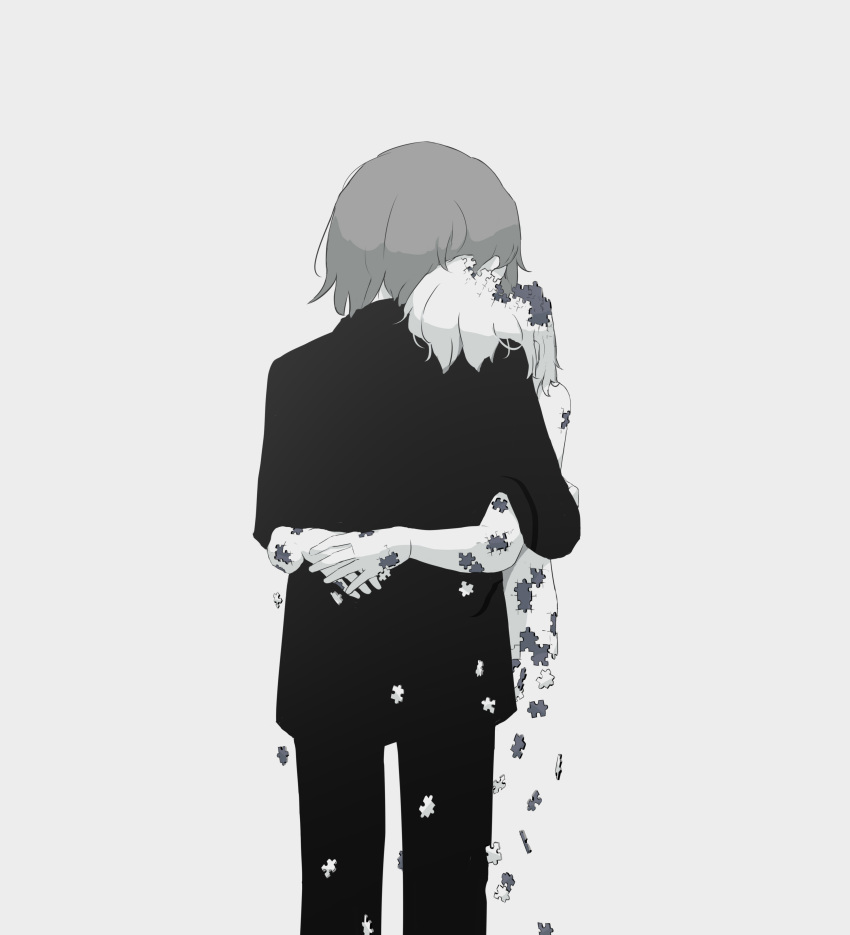 1boy 1other absurdres avogado6 black_pants black_shirt colored_skin commentary_request disintegration from_behind grey_hair highres hug original pants puzzle_piece shirt simple_background standing white_background white_skin