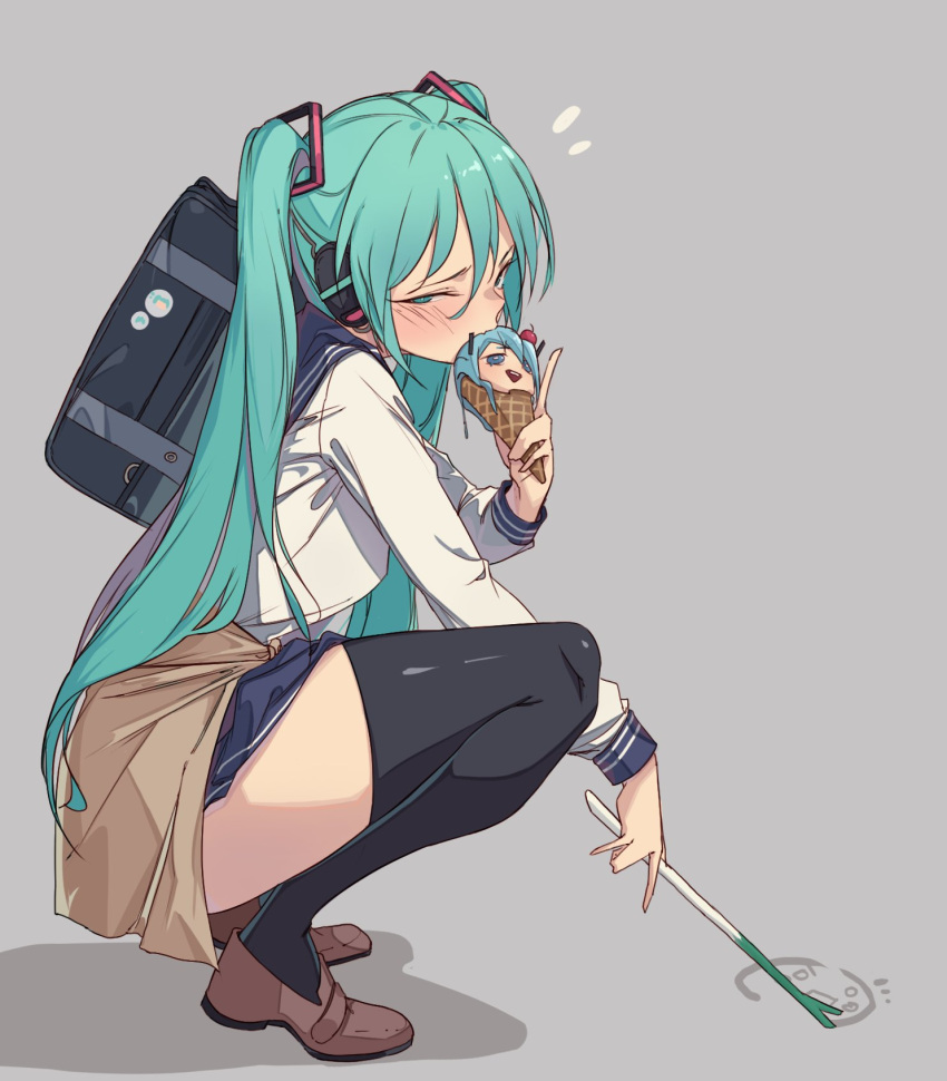 1girl aqua_eyes aqua_hair backpack bag black_legwear blue_skirt brown_footwear eating food full_body grey_background hair_between_eyes half-closed_eyes hatsune_miku highres holding holding_food holding_vegetable ice_cream_cone kkry99 korean_commentary leek long_hair looking_at_viewer school_uniform serafuku shirt shoes simple_background skirt solo squatting thigh-highs twintails vegetable very_long_hair vocaloid waffle_cone white_shirt