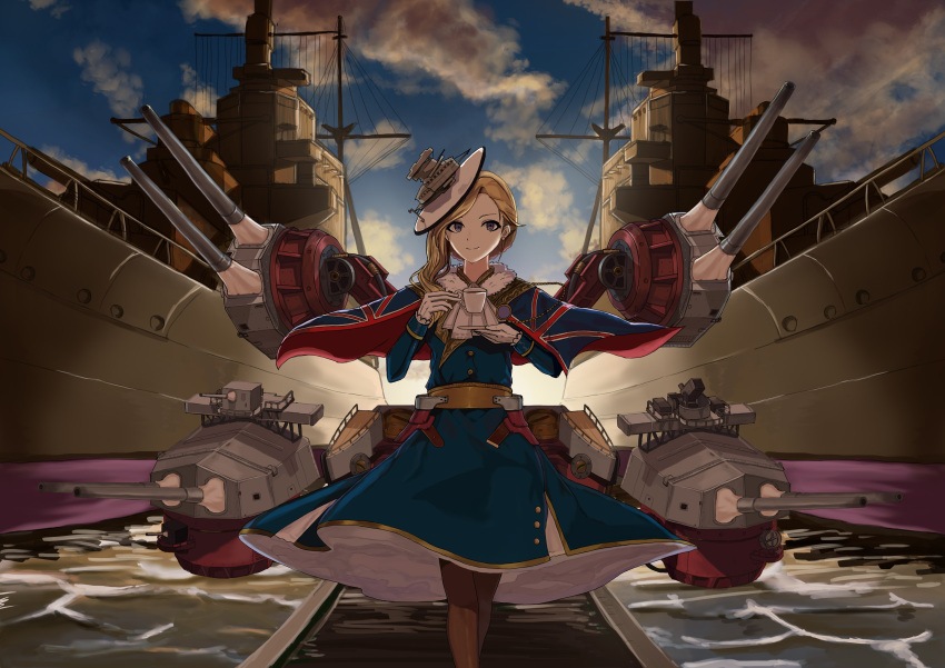 1girl absurdres artillery azur_lane blonde_hair blue_coat blue_eyes blue_sky brown_legwear clouds coat cup earrings german_(8357) gloves hair_over_shoulder hat highres holding holding_cup hood_(azur_lane) jewelry long_hair looking_at_viewer mini_hat rigging sky solo teacup union_jack water white_gloves white_headwear