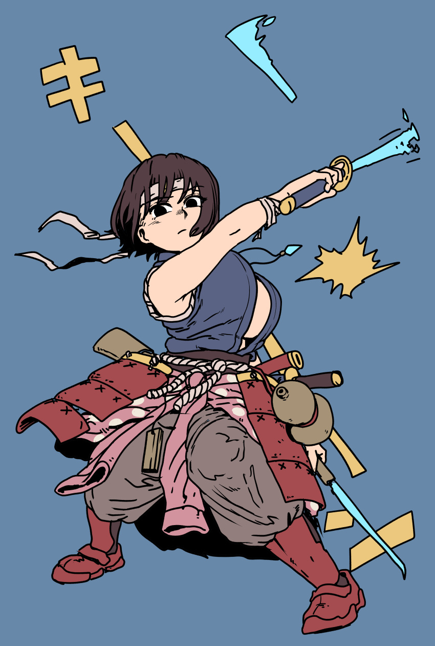 1girl absurdres black_eyes black_hair blue_background boots breasts chanta_(ayatakaoisii) dual_wielding hairband highres holding jewelry large_breasts looking_at_viewer necklace original red_footwear rope short_hair simple_background sleeveless solo sword weapon white_hairband