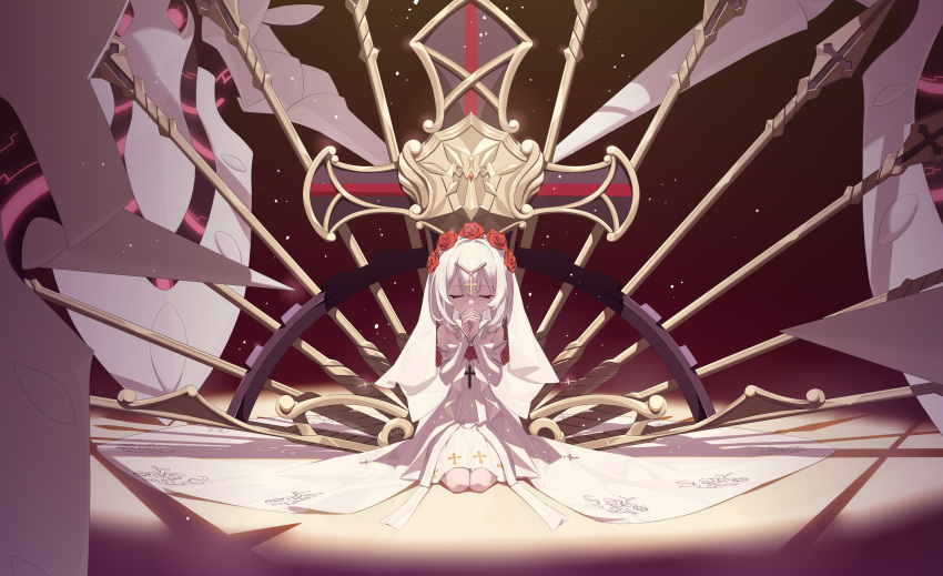 1girl absurdres aiee bangs bridal_veil bride closed_eyes closed_mouth cross_(weapon) dress flower full_body hair_between_eyes hair_flower hair_ornament hands_together highres honkai_(series) honkai_impact_3rd jewelry lance polearm praying red_flower red_rose ring rose seiza shield sitting solo spear theresa_apocalypse theresa_apocalypse_(luna_kindred) veil weapon wedding_dress white_dress white_hair
