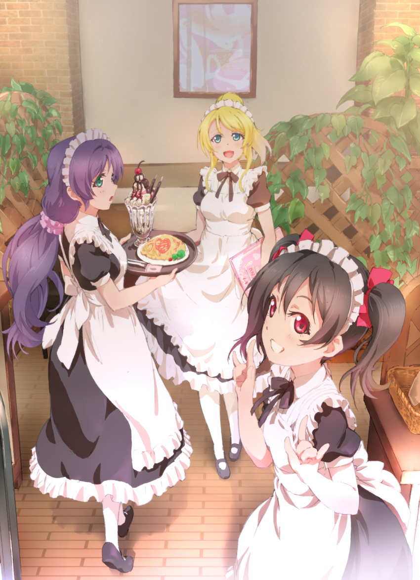 alternate_costume apron aqua_eyes ayase_eli black_footwear black_hair blonde_hair blue_eyes enmaided food grin hands_up highres holding holding_plate koukaku long_hair looking_at_viewer love_live! love_live!_school_idol_project low_twintails maid maid_apron maid_headdress mary_janes open_mouth pantyhose plate ponytail puffy_short_sleeves puffy_sleeves purple_hair red_eyes shoes short_sleeves smile toujou_nozomi twintails white_legwear yazawa_nico