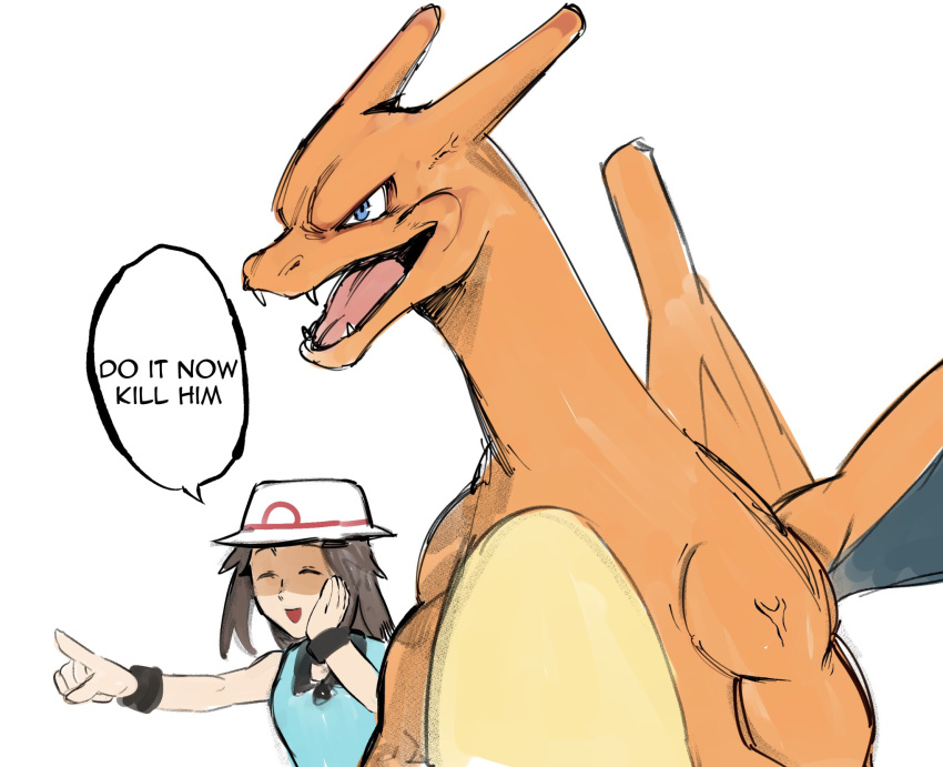 1girl black_wristband blue_shirt brown_eyes brown_hair bucket_hat charizard closed_eyes english_commentary english_text gen_1_pokemon hat highres leaf_(pokemon) long_hair muscular pointing pointing_forward pokemon pokemon_(game) pokemon_frlg rape_face shirt sleeveless sleeveless_shirt veins white_headwear wristband yourfreakyneighbourh