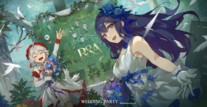 2girls :d antenna_hair bangs bare_shoulders bird black_eyes black_hair blue_flower blue_rose bouquet bridal_veil closed_mouth dove dress flower gloves hair_between_eyes hair_flower hair_ornament highres holding honkai_(series) honkai_impact_3rd long_hair long_sleeves looking_at_viewer multiple_girls open_mouth outdoors outstretched_arm pink_flower raiden_mei raiden_mei_(valkyrie_bladestrike) red_flower red_rose rose scenery smile theresa_apocalypse theresa_apocalypse_(luna_kindred) veil wedding_dress white_dress white_gloves white_hair zzz_(orchid-dale)