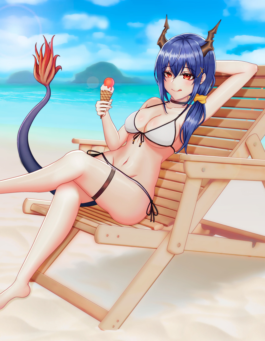 1girl absurd_fox absurdres arknights bare_shoulders beach bikini blue_hair breasts ch'en_(arknights) commentary day dragon_girl dragon_horns dragon_tail hair_between_eyes highres horns looking_at_viewer navel red_eyes self_upload stomach swimsuit tail tail-tip_fire water white_bikini