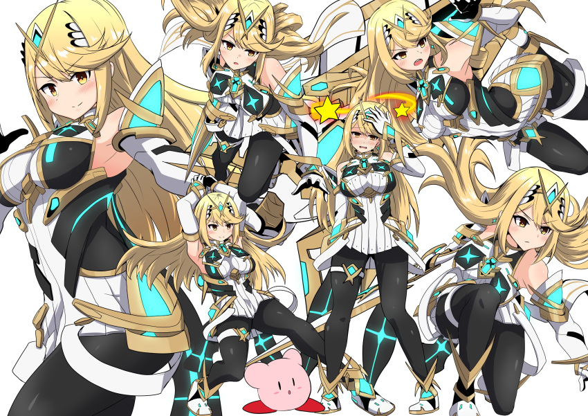 1girl absurdres aegis_sword_(xenoblade) asyura_kumo bangs bare_shoulders black_legwear blonde_hair breasts chest_jewel dress earrings elbow_gloves gem gloves headpiece highres jewelry kirby kirby_(series) large_breasts long_hair looking_at_viewer mythra_(massive_melee)_(xenoblade) mythra_(xenoblade) pantyhose solo super_smash_bros. swept_bangs tiara very_long_hair white_dress white_gloves xenoblade_chronicles_(series) xenoblade_chronicles_2 yellow_eyes