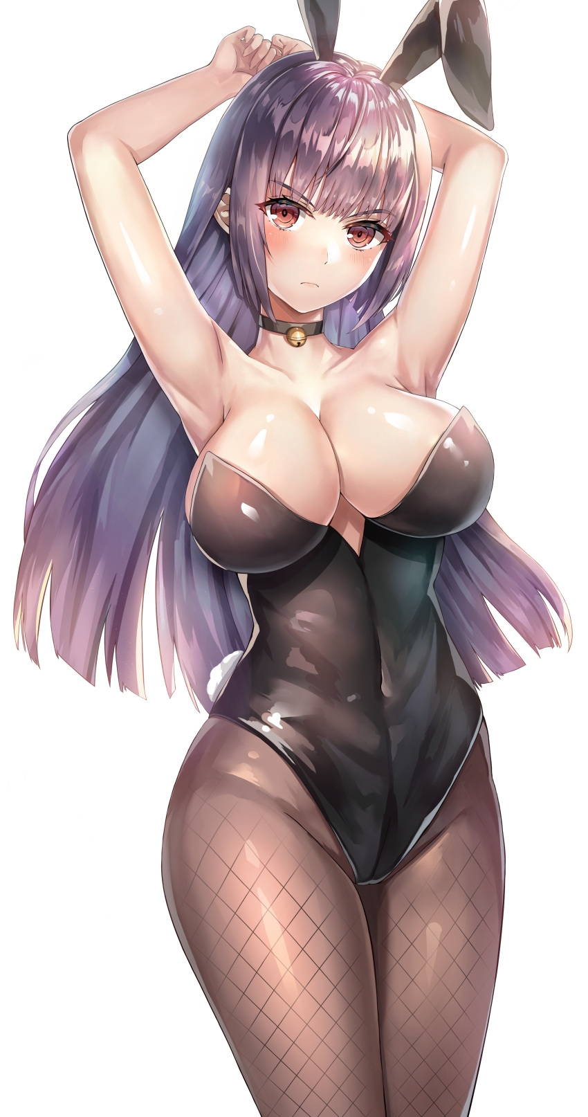 1girl absurdres animal_ears arms_behind_head arms_up bangs bell black_hair black_legwear blush breasts choker eyebrows_visible_through_hair highres ijiranaide_nagatoro-san jasony large_breasts long_hair neck_bell pantyhose playboy_bunny pout rabbit_ears red_eyes simple_background solo sunomiya_sana white_background