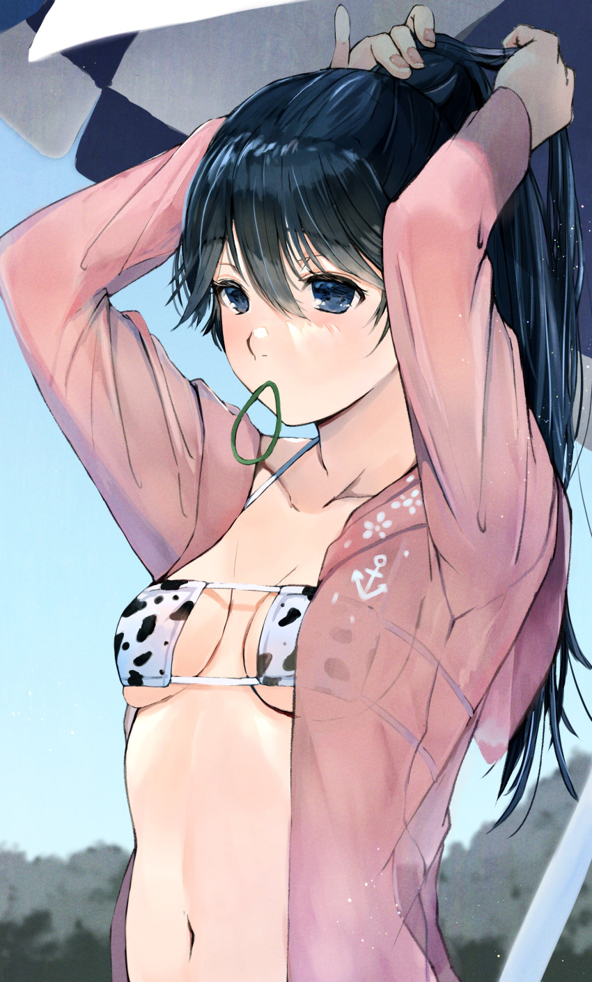 1girl absurdres adjusting_hair anchor_symbol animal_print bikini blue_eyes blue_hair breasts cow_print eyepatch_bikini hair_between_eyes hair_tie_in_mouth highres houshou_(kancolle) kantai_collection long_hair magai_akashi mouth_hold open_clothes open_shirt pink_shirt see-through shirt small_breasts solo swimsuit umbrella upper_body wet wet_clothes