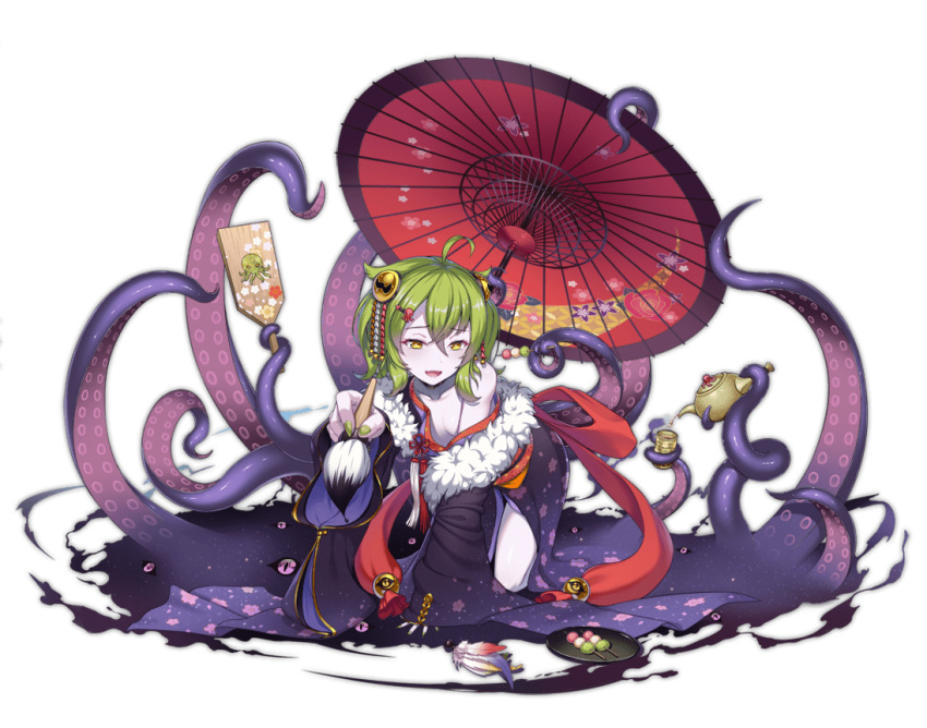 1girl :d ark_order artist_request bangs colored_skin cthulhu_(ark_order) cthulhu_mythos dango extra_eyes food fur-trimmed_kimono fur_trim green_hair green_nails holding holding_brush japanese_clothes kimono long_sleeves octopus_hair_ornament official_art oil-paper_umbrella open_mouth paddle purple_kimono purple_skin sanshoku_dango smile solo tachi-e teapot tentacles transparent_background umbrella wagashi wide_sleeves yellow_eyes