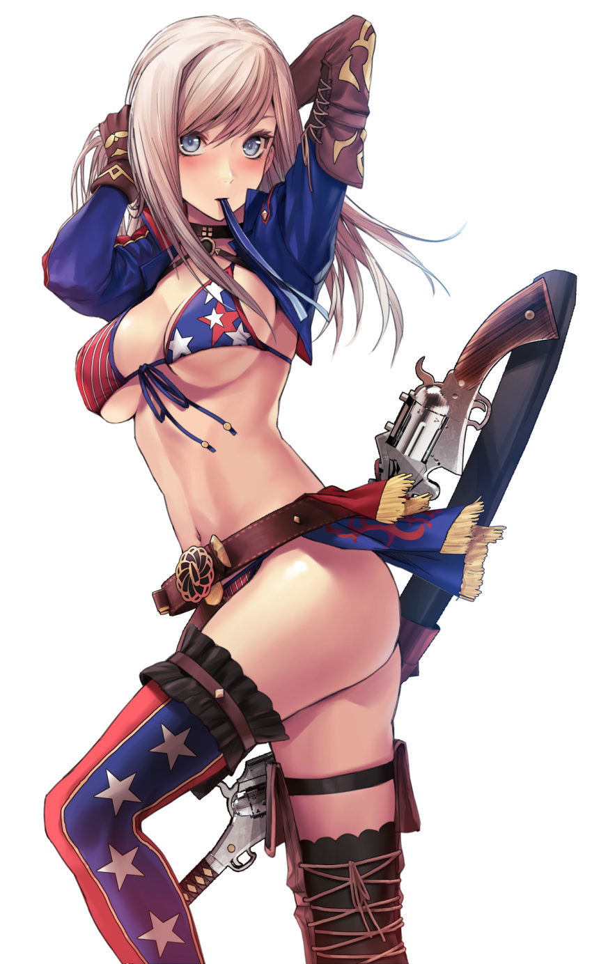 1girl american_flag_bikini american_flag_legwear applekun bangs belt beltskirt bikini blue_eyes boots breasts elbow_gloves fate/grand_order fate_(series) flag_print front-tie_bikini front-tie_top gloves grey_hair hair_down half-skirt highres large_breasts long_hair miyamoto_musashi_(fate) miyamoto_musashi_(swimsuit_berserker)_(fate) print_swimsuit single_elbow_glove single_sidelock single_thigh_boot single_thighhigh solo swept_bangs swimsuit thigh-highs thigh_boots uneven_footwear uneven_gloves