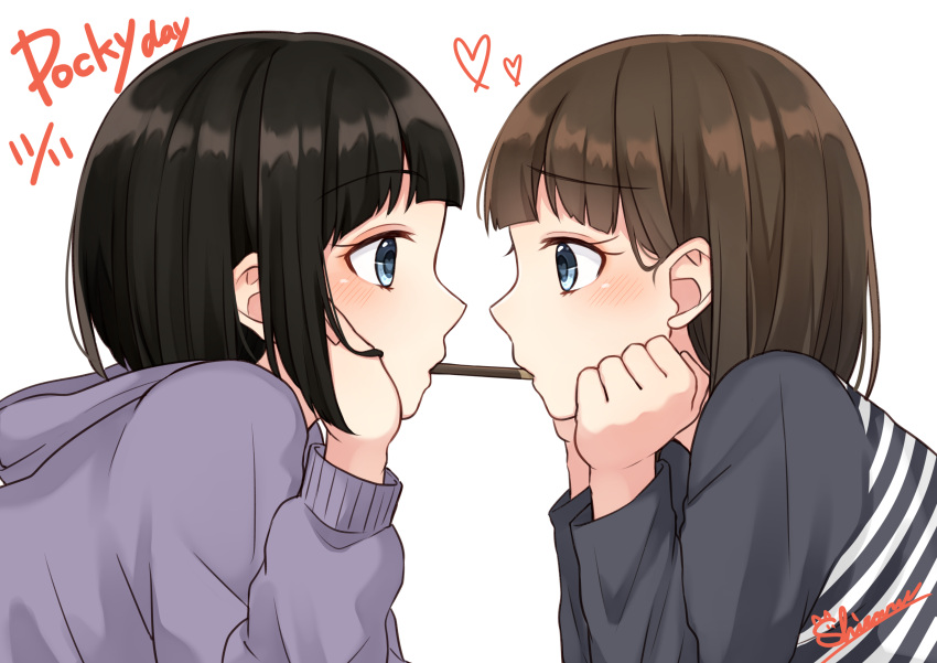 2girls absurdres black_hair black_shirt blue_eyes commentary_request dated english_text eye_contact eyebrows_visible_through_hair food from_side hands_on_own_chin heart heart-shaped_pupils highres hood hoodie long_sleeves looking_at_another multiple_girls original pocky pocky_day pocky_kiss profile purple_hoodie shiro_namida shirt short_hair signature simple_background striped striped_shirt symbol-shaped_pupils upper_body white_background yuri