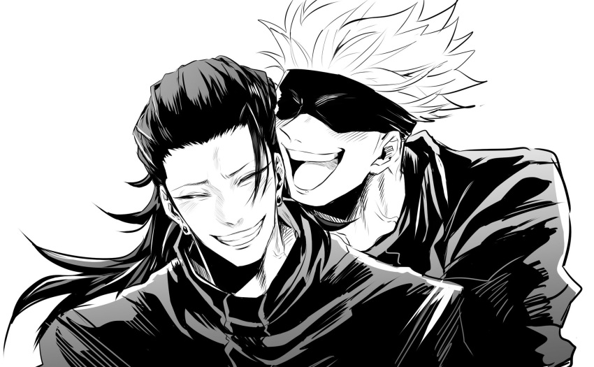 2boys :d ^_^ bangs blindfold closed_eyes covered_eyes ear_piercing gab_nigntjj449 getou_suguru gojou_satoru greyscale grin hair_pulled_back highres jacket jujutsu_kaisen long_hair monochrome multiple_boys open_mouth piercing short_hair simple_background smile upper_body