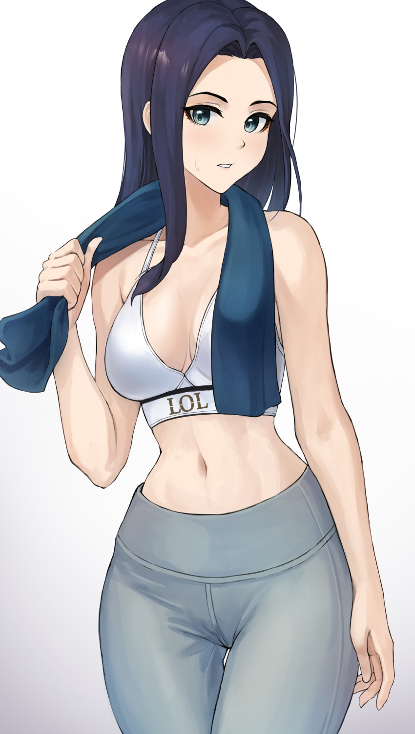 1girl absurdres angdo_(kakajo26) bangs bare_arms bare_shoulders black_hair blue_eyes breasts caitlyn_(league_of_legends) cowboy_shot crop_top hand_up highres league_of_legends long_hair looking_at_viewer medium_breasts midriff navel pants parted_bangs parted_lips shirt simple_background sleeveless sleeveless_shirt solo spaghetti_strap standing stomach sweatdrop towel towel_around_neck white_background white_shirt yoga_pants