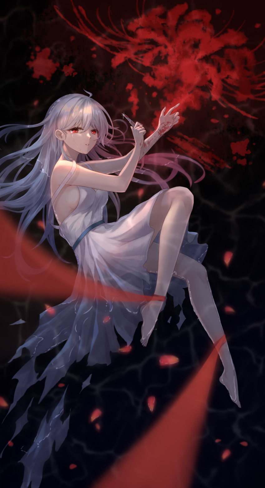 1girl absurdres afloat ahoge bare_shoulders barefoot black_background bleeding blood bloody_hands bloody_weapon boxcutter crying crying_with_eyes_open depressed dress eyebrows_visible_through_hair eyeshadow fingernails flower grey_hair hair_between_eyes highres holding holding_boxcutter holding_knife injury knife long_hair lying makeup on_side original parted_lips partially_submerged petals petals_on_liquid red_background red_eyes red_eyeshadow red_flower see-through_silhouette self_harm silhouette solo spider_lily tears torn torn_clothes torn_dress two-tone_background water weapon wet white_dress yelan_xing_xuan