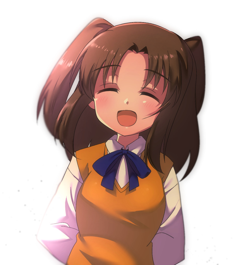 1girl arms_behind_back bangs blue_bow blue_neckwear bow bowtie breasts brown_hair closed_eyes commentary_request eyebrows_visible_through_hair happy highres itsuka_neru long_sleeves looking_at_viewer medium_breasts melty_blood open_mouth shirt sidelocks simple_background solo solo_focus tsukihime type-moon upper_body white_background white_sleeves yellow_shirt yumizuka_satsuki