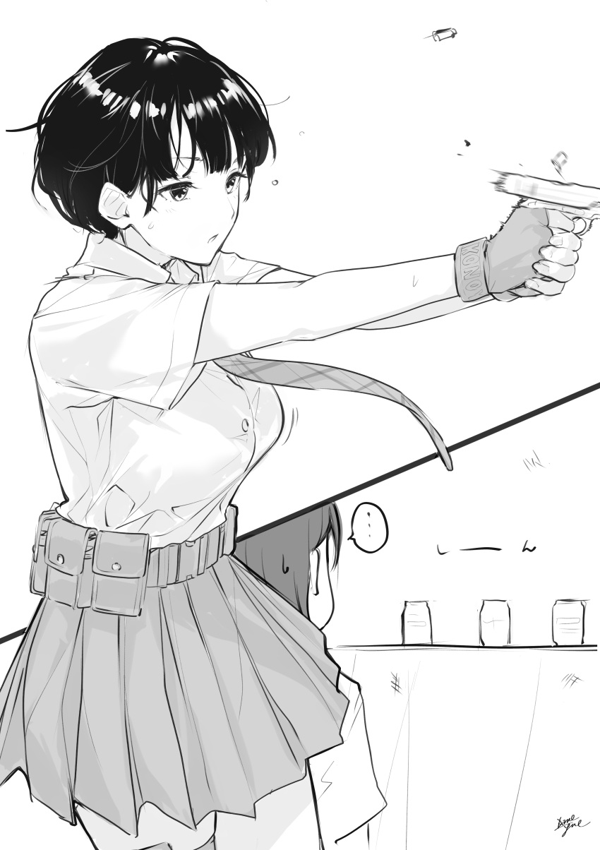 1girl absurdres ammunition_pouch belt firing greyscale gun highres monochrome original pouch school_uniform short_hair solo takenoko_no_you target_practice weapon