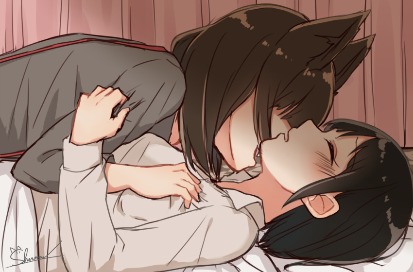 2girls animal_ears asymmetrical_docking bangs biting black_hair blush breast_press brown_hair cat_ears closed_eyes commentary_request fangs from_side grey_shirt hand_on_another's_chest imminent_bite long_hair long_sleeves lying multiple_girls neck_biting on_back on_bed original profile shiro_namida shirt short_hair signature suspenders white_shirt yuri