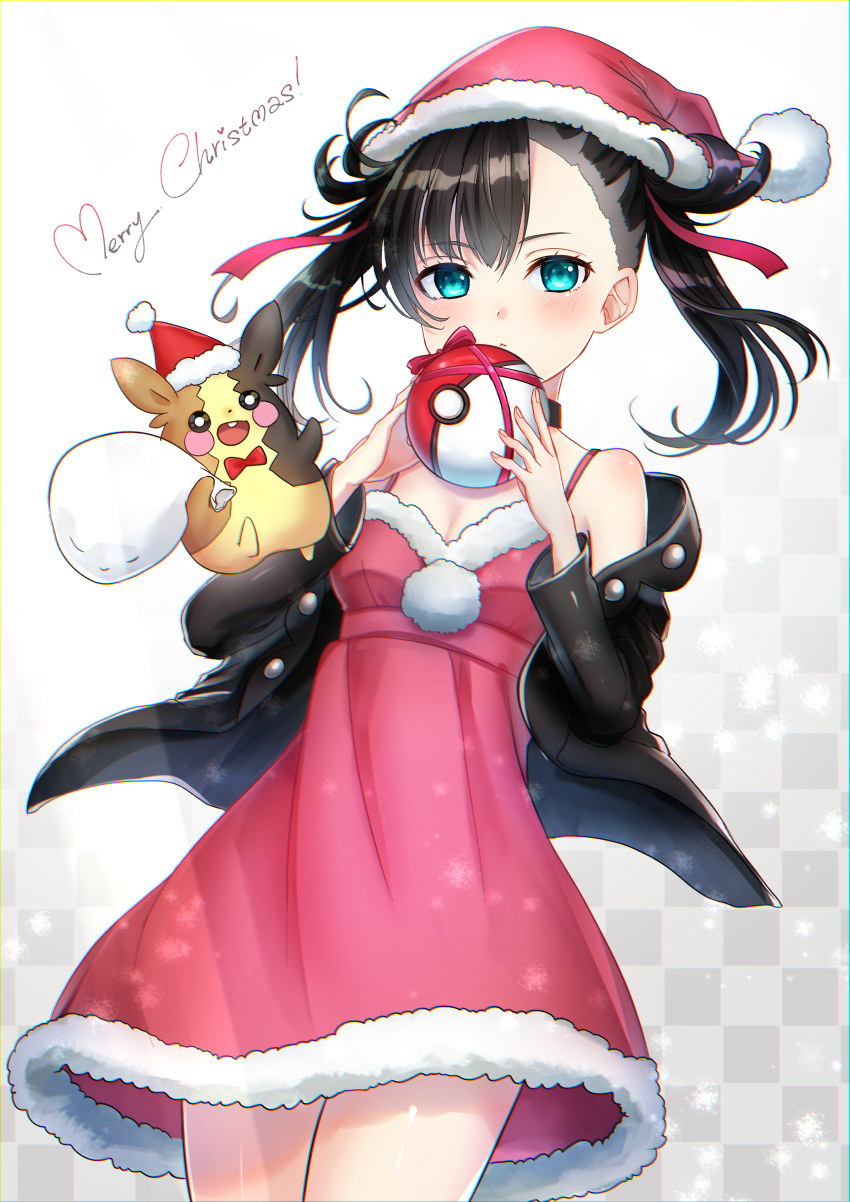 1girl :&lt; absurdres bag black_hair black_jacket bow bowtie breasts christmas cowboy_shot dress fur_trim gen_8_pokemon gift_bag gift_wrapping green_eyes hair_ribbon hat highres holding holding_bag holding_poke_ball jacket marnie_(pokemon) meiruuuu. merry_christmas morpeko morpeko_(full) off_shoulder poke_ball poke_ball_(basic) pokemon pokemon_(creature) pokemon_(game) pokemon_swsh red_ribbon ribbon santa_dress santa_hat short_dress small_breasts snowing spaghetti_strap twintails two_side_up