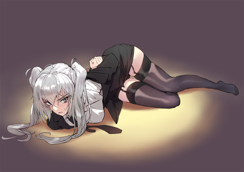 1girl arms_behind_back bangs black_legwear black_skirt bound bound_arms breasts commentary_request garter_straps grey_background grey_eyes hair_between_eyes long_hair looking_at_viewer lying matsuda_(matsukichi) medium_breasts miniskirt mole mole_under_mouth no_shoes original parted_lips pencil_skirt shadow shirt silver_hair simple_background skirt solo thigh-highs thighs twintails white_shirt