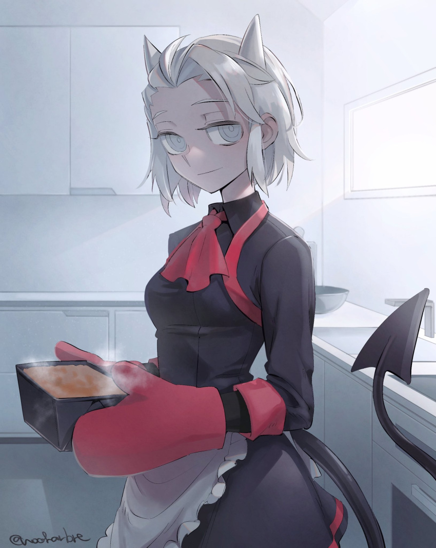 1girl apron ascot black_dress blush bowl closed_mouth commentary_request cowboy_shot demon_girl demon_tail dress gloves grey_hair helltaker highres holding horns indoors justice_(helltaker) kitchen light long_hair long_sleeves looking_at_viewer maid noaharbre official_alternate_costume red_gloves red_neckwear shelf short_hair sink smile solo steam symbol_commentary tail twitter_username white_eyes white_hair white_horns window