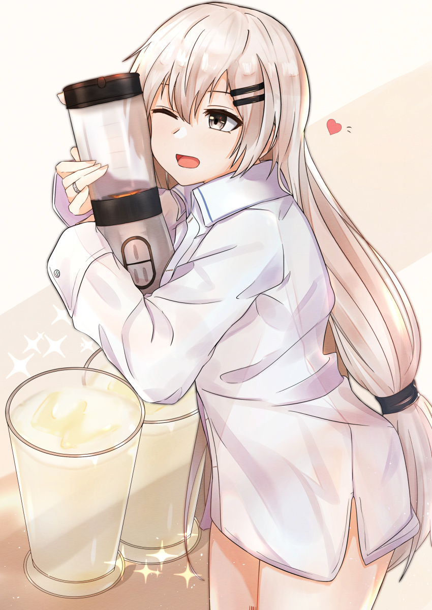 1girl absurdres bangs coffee_cup coffee_maker_(object) cup disposable_cup eyebrows_visible_through_hair feet_out_of_frame girls_frontline grey_eyes heart heart_print highres holding jewelry long_hair looking_away muteppona_hito one_eye_closed open_mouth ring shirt silver_hair simple_background solo standing svd_(girls_frontline) white_shirt