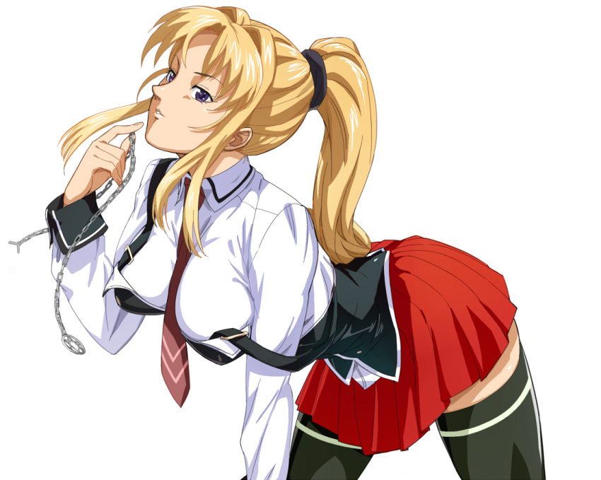 1girl all_fours black_legwear black_vest blonde_hair breasts chain copyright_request hair_intakes hand_up holding holding_chain large_breasts long_hair looking_at_viewer miniskirt o/p.com pleated_skirt ponytail red_skirt shirt sidelocks simple_background skirt solo thigh-highs vest violet_eyes white_background white_shirt