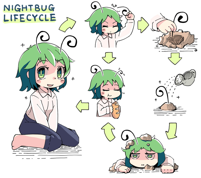 1girl antennae arrow_(symbol) bangs barefoot black_shorts blush_stickers bread breasts cape closed_mouth collared_shirt eating food green_eyes green_hair highres holding looking_at_viewer pout shirt short_hair shorts sitting small_breasts smile solo touhou ugif underground watering watering_can white_background white_shirt wriggle_nightbug