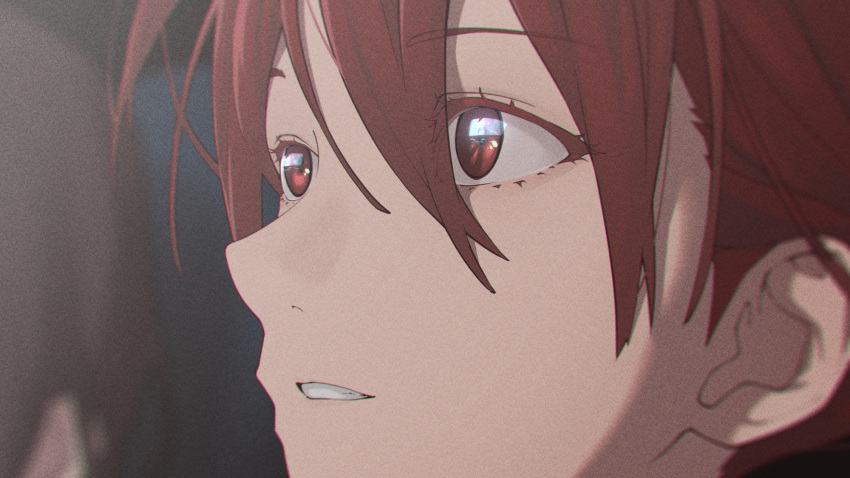 1girl bangs brown_hair close-up commentary english_commentary eyes_visible_through_hair film_grain grin highres kasane_teto parted_lips red_eyes redhead reflection smile solo_focus utau yasutange
