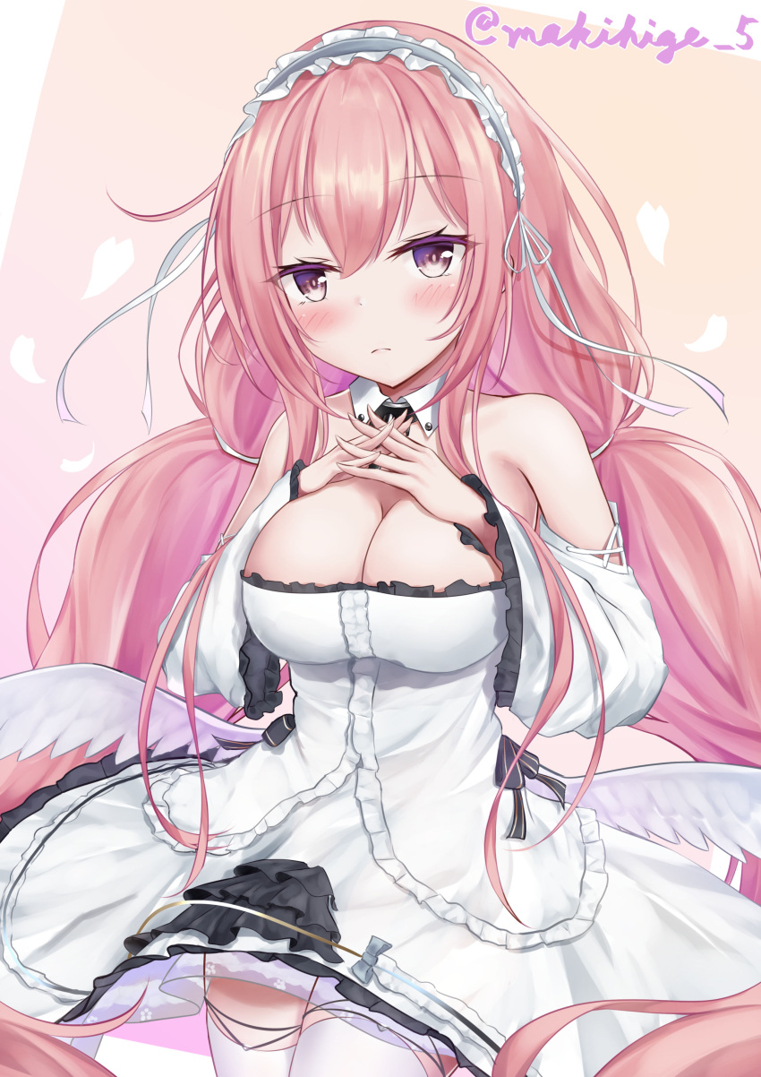 1girl absurdres artist_name azur_lane bare_shoulders breasts center_frills clothing_cutout detached_collar dress eyebrows_visible_through_hair feathered_wings frilled_dress frills highres large_breasts long_hair looking_at_viewer makihige perseus_(azur_lane) pink_hair shoulder_cutout simple_background solo thigh-highs very_long_hair white_legwear white_theme wide_sleeves wings