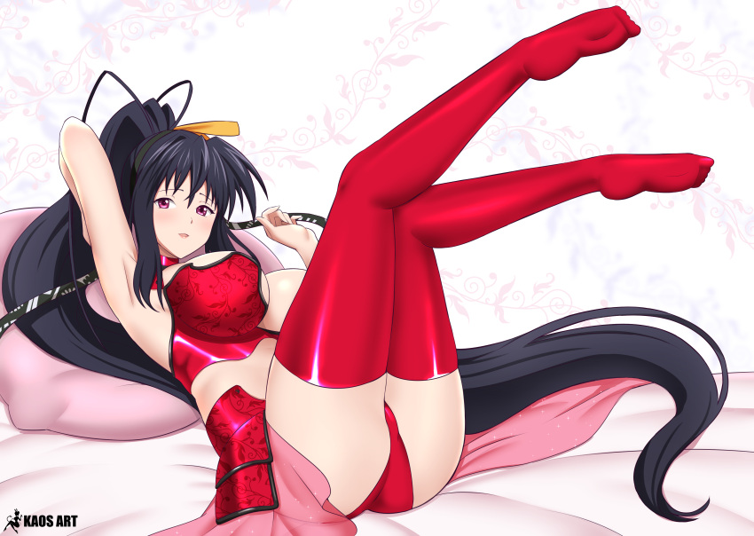 1girl absurdres ahoge arm_up armpits ass bangs black_hair bra breasts choker full_body hair_ribbon high_school_dxd highres himejima_akeno kaos_art large_breasts leaf leaf_background legs_up lingerie lips long_hair looking_at_viewer lying on_back panties parted_lips pillow ponytail red_bra red_choker red_legwear red_panties ribbon solo thigh-highs under_boob underwear very_long_hair violet_eyes