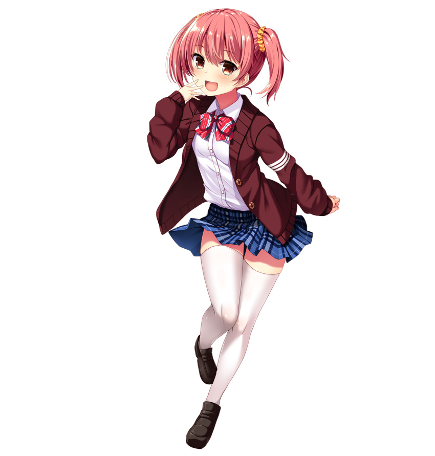 1girl bangs black_footwear blue_skirt blush bow bowtie brown_eyes cardigan dress_shirt eyebrows_visible_through_hair full_body highres loafers long_sleeves mayonnaise_(ringo_gakuen) miniskirt official_art open_cardigan open_clothes open_mouth photoshop_(medium) pink_hair plaid plaid_skirt pleated_skirt real_eroge_situation!_2 shirt shirt_tucked_in shoes short_hair skirt solo tachi-e thigh-highs tokitou_rino transparent_background twintails white_legwear white_shirt zettai_ryouiki