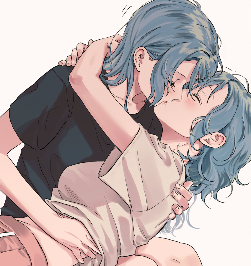 2girls absurdres arms_around_neck bang_dream! bangs beige_background black_shirt blue_hair blush closed_eyes collarbone commentary_request eyebrows_visible_through_hair french_kiss grey_shirt hand_on_another's_back hand_on_another's_stomach highres hikawa_hina hikawa_sayo hug incest kiss korean_commentary long_hair lying_on_lap multiple_girls profile saliva shirt short_hair short_sleeves siblings simple_background sisters t-shirt tongue twincest twins yuri zihacheol