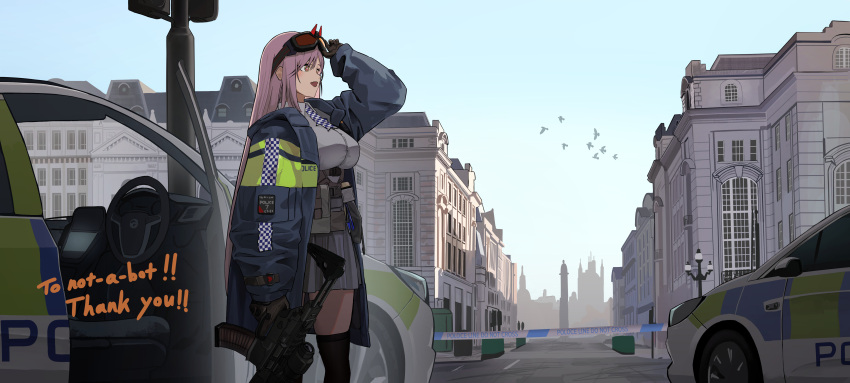 1girl absurdres black_gloves black_legwear breasts car city eyebrows_visible_through_hair eyewear_on_head fingerless_gloves girls_frontline gloves grey_skirt ground_vehicle hanabusaraleigh highres holding holding_eyewear holding_weapon large_breasts long_hair looking_away motor_vehicle open_mouth pink_hair police police_car police_uniform red_eyes shirt sig_mcx_(girls_frontline) skirt solo standing thank_you thigh-highs uniform weapon white_shirt