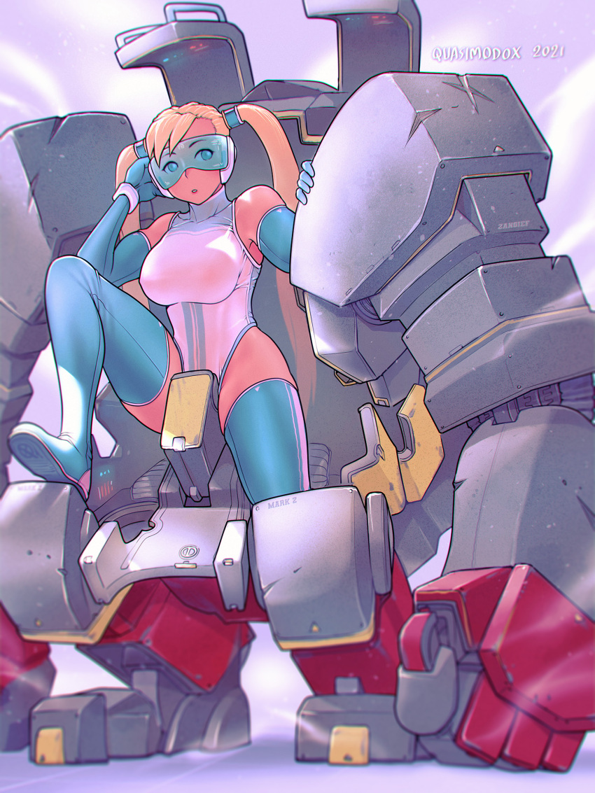 1girl 1other adapted_costume blonde_hair blue-tinted_eyewear blue_eyes blue_footwear boots breasts cockpit english_commentary full_body goggles hair_tubes headset highres large_breasts leotard long_hair mecha mechanization open_cockpit parody pilot_suit quasimodox rainbow_mika solo tengen_toppa_gurren_lagann thigh-highs thigh_boots twintails white_leotard zangief